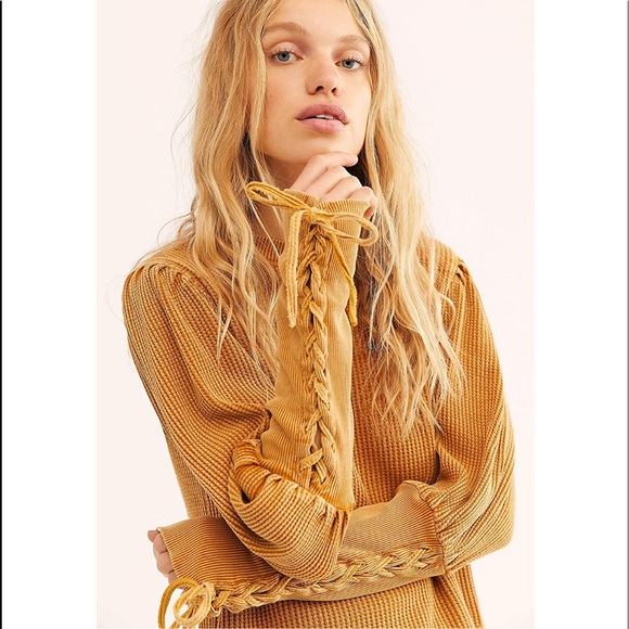 Free People Tasha Thermal Mustard Top - Picture 3 of 7